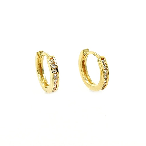 [GOR1072] Yellow gold hoop earrings with single row of Zirconia stones
