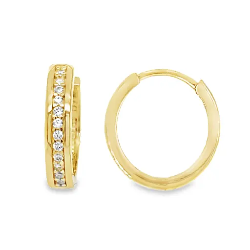 [GOR1087] Yellow gold hoop earrings with single row of Zirconia stones