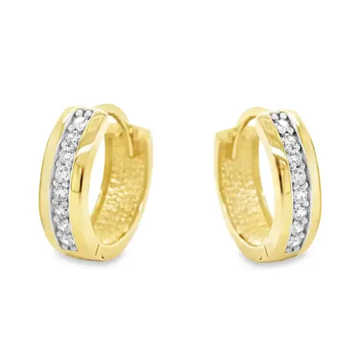 [GOR1089] Yellow gold hoop earrings with single row of Zirconia stones