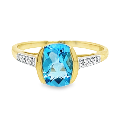 Yellow gold ring with colored stone Swiss Blue topaz and Diamond