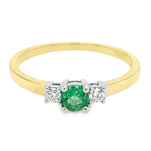 Bicolor gold ring with 4MM Emerald and Diamond 0.11 carats